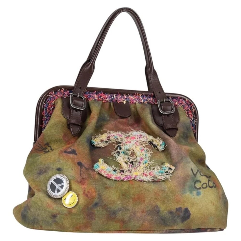 CHANEL Embroidery Graffiti Hand Bag Canvas Leather Khaki